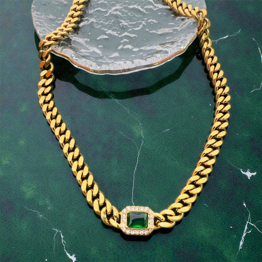 Thick Cuban necklace 18k PVD gold plated Green cubic zirconia