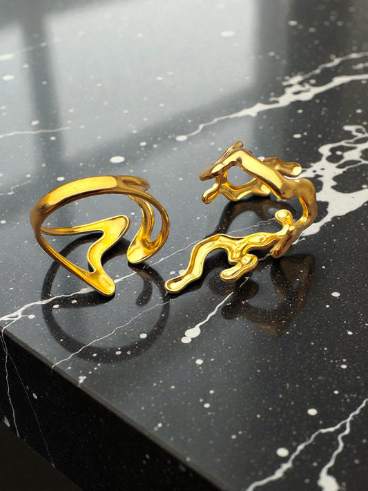 Coral Irregular Shape Ring Set – 18K Gold Plated Stainless Steel (Set of 2)