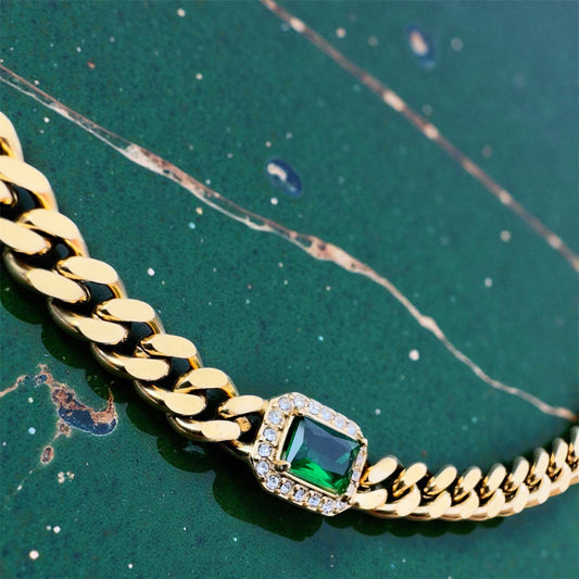 Thick Cuban necklace 18k PVD gold plated Green cubic zirconia