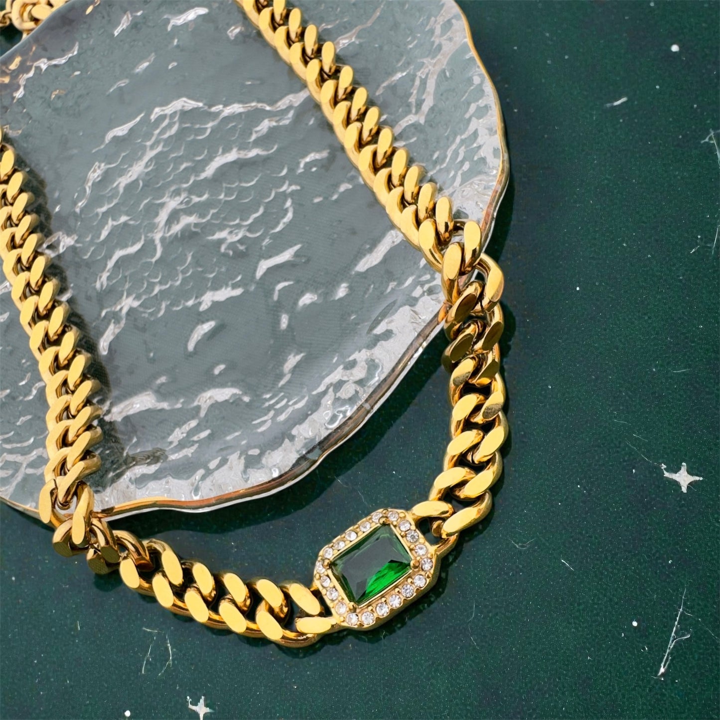 Thick Cuban necklace 18k PVD gold plated Green cubic zirconia