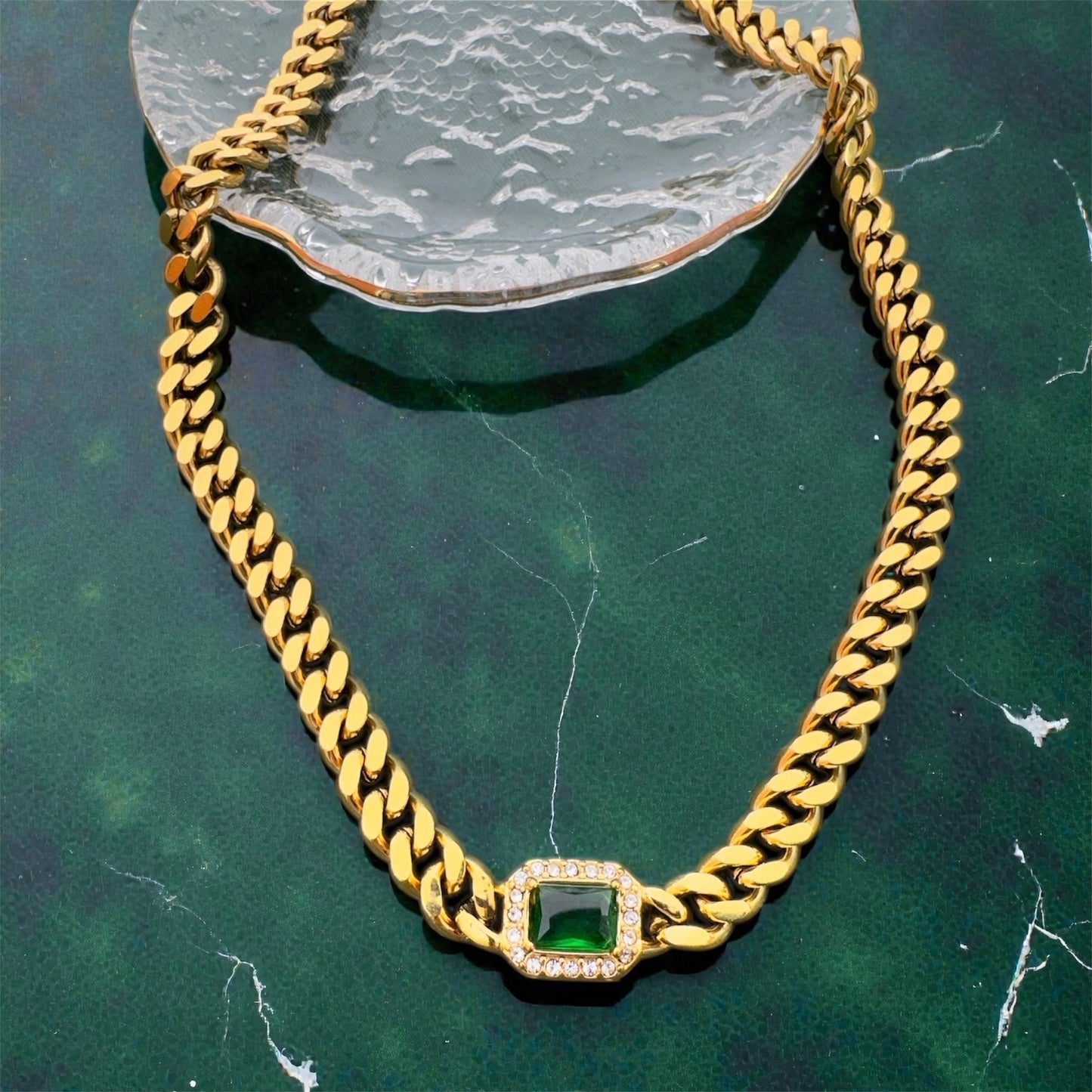 Thick Cuban necklace 18k PVD gold plated Green cubic zirconia