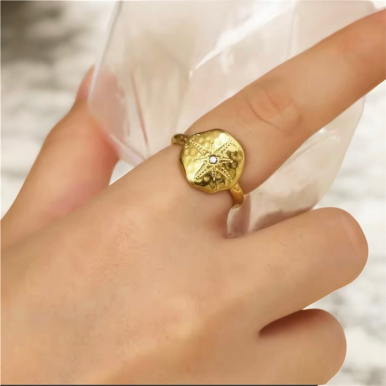 Four pointed star ring 14k gold plated Zirconia